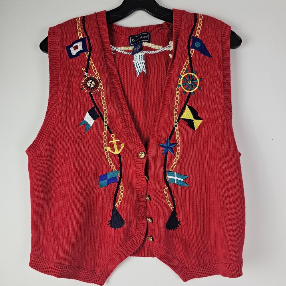 Charter Club Womens Red Knit Sweater Vest Large Nautical Preppy Gold Buttons